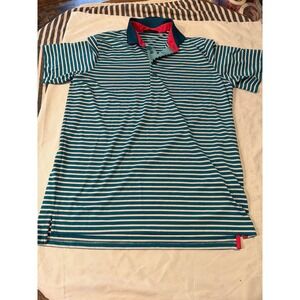 Greyson Mens Performance Golf Polo Shirt Teal White Striped Pink Trim Size L